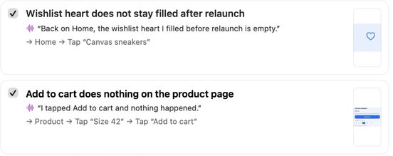 Two bug reports from one recording, each with a title, a voice quote and its steps.